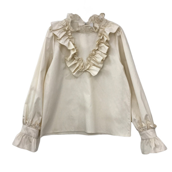 Μοντέρνο γυναικείο πουκάμισο με κολάρο και μανίκι λωτού σε λευκό, μπεζ και πράσινο χρώμα