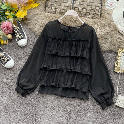 Μοντέρνο γυναικείο πουκάμισο σε διάφορα χρώματα με βολάν και οβάλ ντεκολτέ