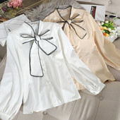 Cămașă de șifon de damă modernă și guler panglică în visiniu, albastru, alb, bej și negru