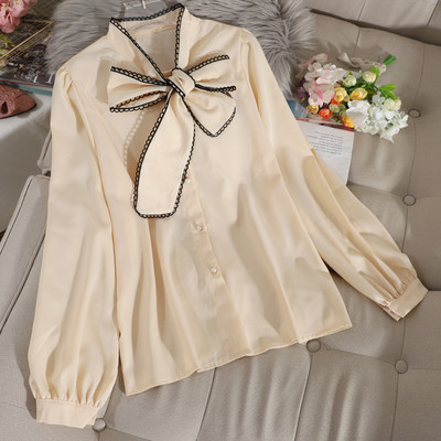 Cămașă de șifon de damă modernă și guler panglică în visiniu, albastru, alb, bej și negru