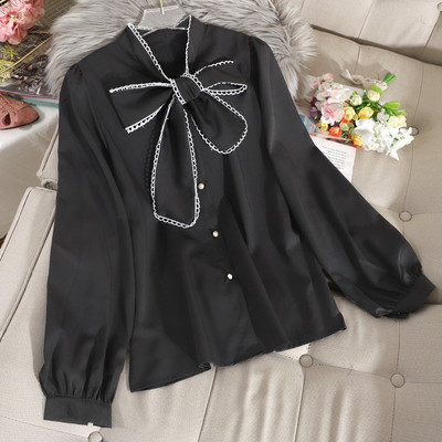 Cămașă de șifon de damă modernă și guler panglică în visiniu, albastru, alb, bej și negru