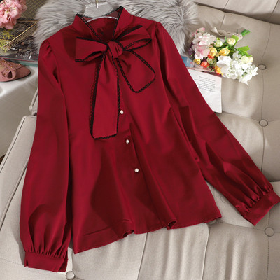 Cămașă de șifon de damă modernă și guler panglică în visiniu, albastru, alb, bej și negru