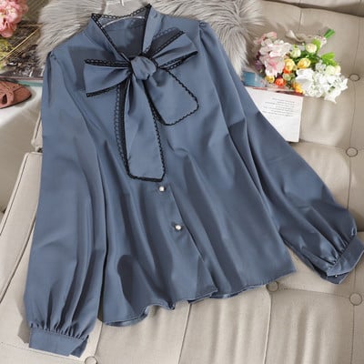 Cămașă de șifon de damă modernă și guler panglică în visiniu, albastru, alb, bej și negru