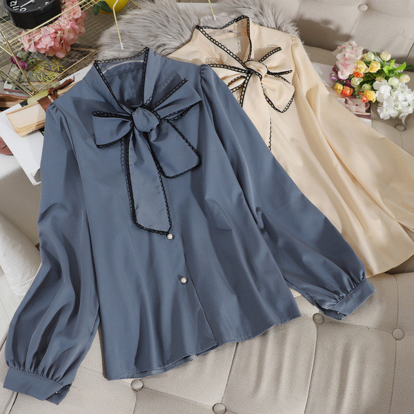 Cămașă de șifon de damă modernă și guler panglică în visiniu, albastru, alb, bej și negru