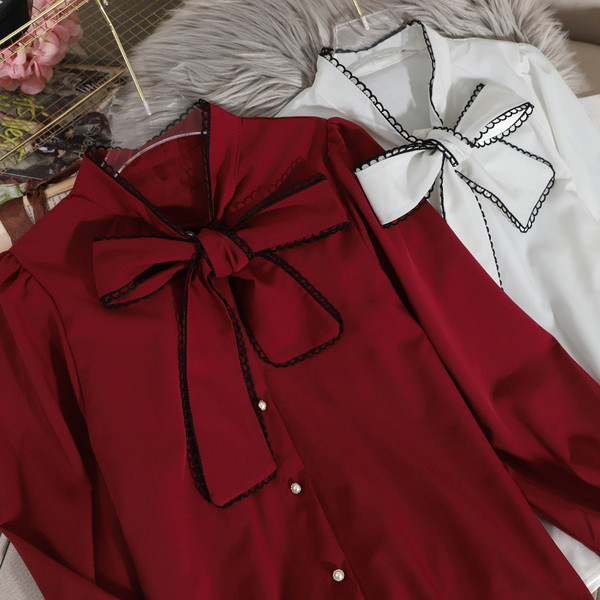 Cămașă de șifon de damă modernă și guler panglică în visiniu, albastru, alb, bej și negru