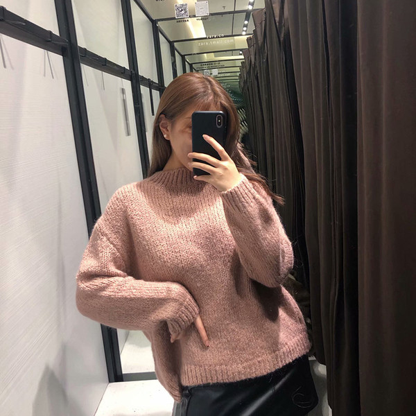 Ζεστό χειμερινό πουλόβερ κλασικό μοντέλο με ωοειδές λαιμόκοψη στο ροζ χρώμα