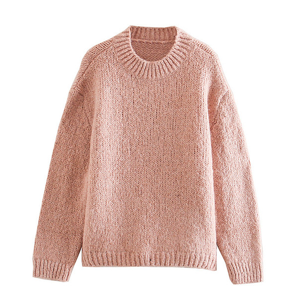 Ζεστό χειμερινό πουλόβερ κλασικό μοντέλο με ωοειδές λαιμόκοψη στο ροζ χρώμα