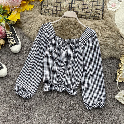 Μοντέρνο γυναικείο καρό πουκάμισο με κορδέλα και τετράγωνη λαιμόκομμα σε πέντε χρώματα