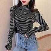 Casual γυναικείο ριγέ πουλόβερ με ψηλό γιακά και κουμπιά σε δύο χρώματα