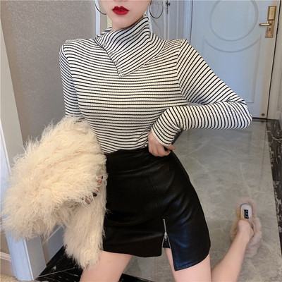 Casual γυναικείο ριγέ πουλόβερ με ψηλό γιακά και κουμπιά σε δύο χρώματα