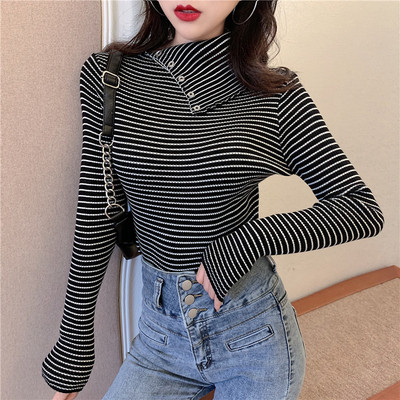 Casual γυναικείο ριγέ πουλόβερ με ψηλό γιακά και κουμπιά σε δύο χρώματα