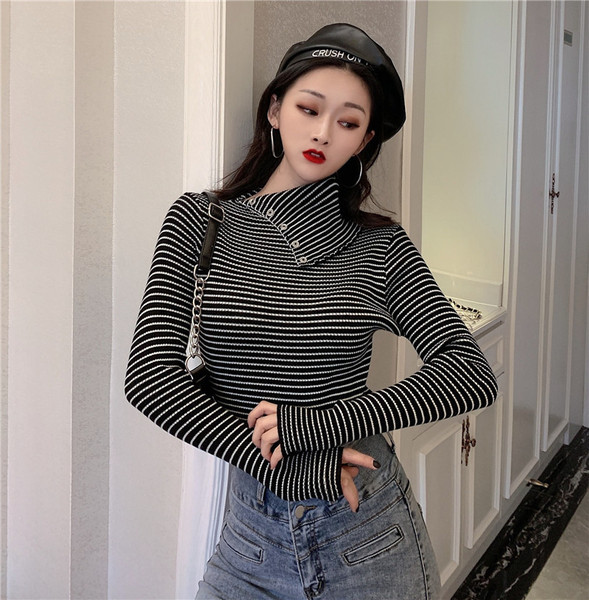 Casual γυναικείο ριγέ πουλόβερ με ψηλό γιακά και κουμπιά σε δύο χρώματα