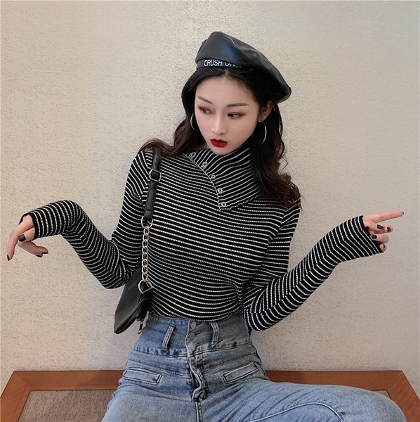 Casual γυναικείο ριγέ πουλόβερ με ψηλό γιακά και κουμπιά σε δύο χρώματα