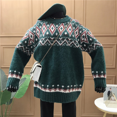 Női karácsonyi pulóver hosszú ujjal, kerek nyakkivágással fehér, zöld és piros színben