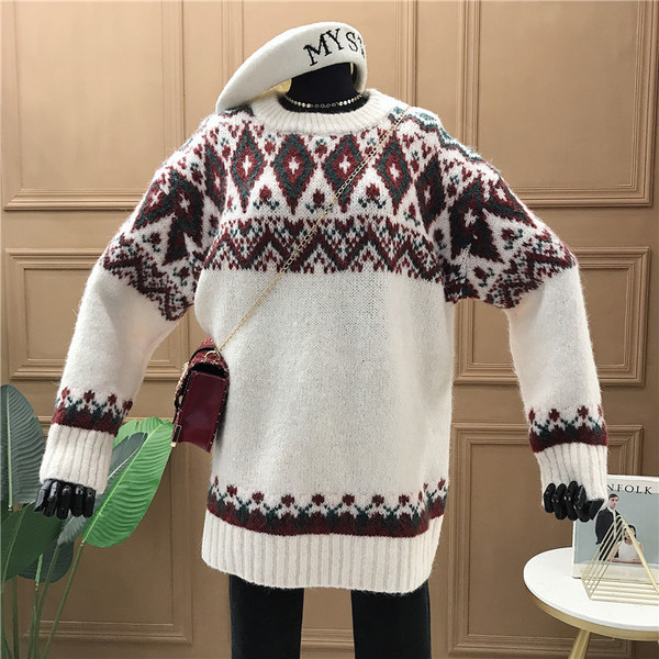 Női karácsonyi pulóver hosszú ujjal, kerek nyakkivágással fehér, zöld és piros színben