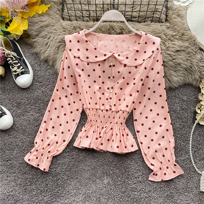 Μοντέρνο γυναικείο πουκάμισο πουά με ωοειδές ντεκολτέ και κουμπιά σε έξι  χρώματα