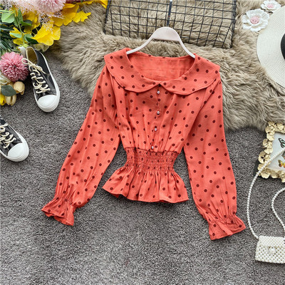 Μοντέρνο γυναικείο πουκάμισο πουά με ωοειδές ντεκολτέ και κουμπιά σε έξι  χρώματα