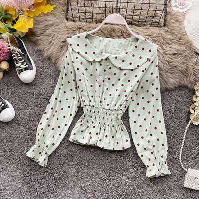 Μοντέρνο γυναικείο πουκάμισο πουά με ωοειδές ντεκολτέ και κουμπιά σε έξι  χρώματα