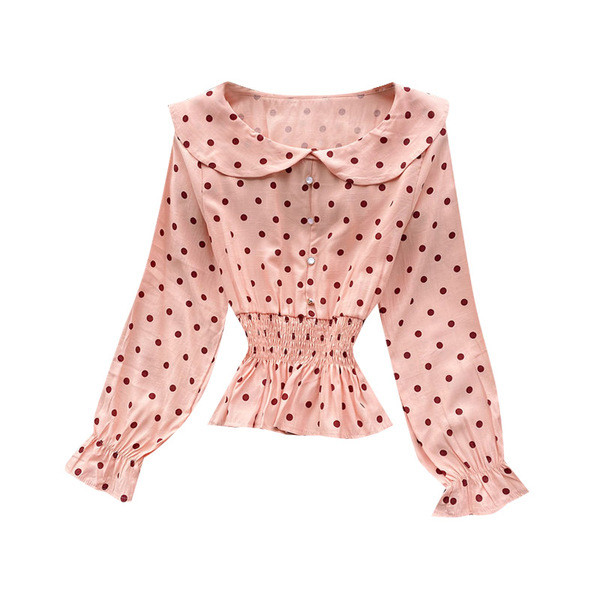 Μοντέρνο γυναικείο πουκάμισο πουά με ωοειδές ντεκολτέ και κουμπιά σε έξι  χρώματα 