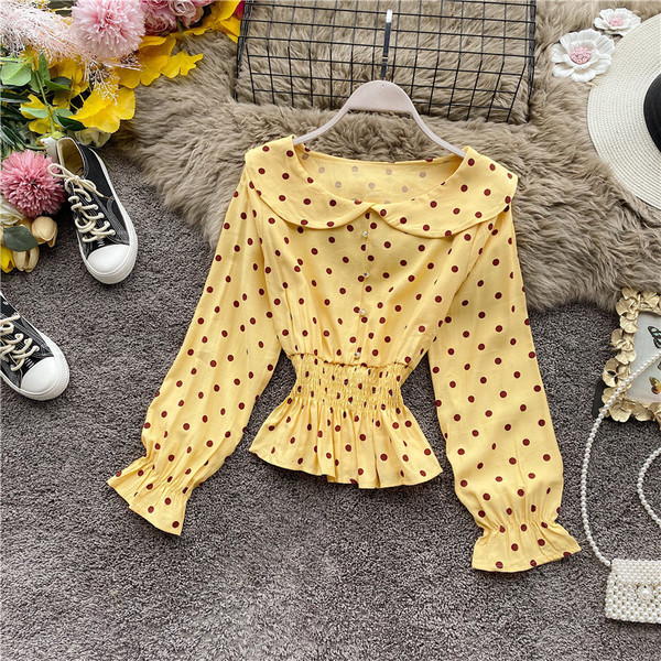 Μοντέρνο γυναικείο πουκάμισο πουά με ωοειδές ντεκολτέ και κουμπιά σε έξι  χρώματα 