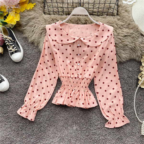 Μοντέρνο γυναικείο πουκάμισο πουά με ωοειδές ντεκολτέ και κουμπιά σε έξι  χρώματα 