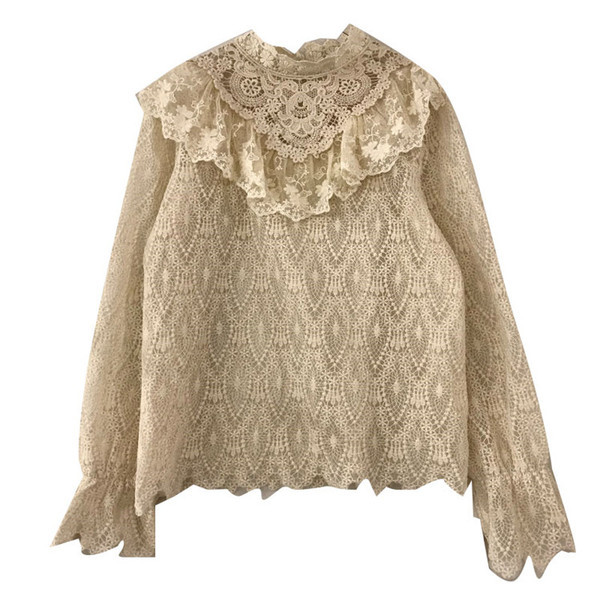 Γυναικεία δαντελένια μπλούζα με ψηλό γιακά και μανίκια λωτού σε μπεζ και μαύρο χρώμα