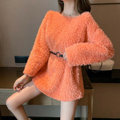 Γυναικείο χνουδωτό πουλόβερ και ζώνη με δαντέλα σε πράσινο, πορτοκαλί και λευκό  χρώμα- Λεπτό μοντέλο