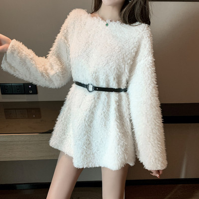 Γυναικείο χνουδωτό πουλόβερ και ζώνη με δαντέλα σε πράσινο, πορτοκαλί και λευκό  χρώμα- Λεπτό μοντέλο