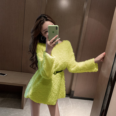 Γυναικείο χνουδωτό πουλόβερ και ζώνη με δαντέλα σε πράσινο, πορτοκαλί και λευκό  χρώμα- Λεπτό μοντέλο