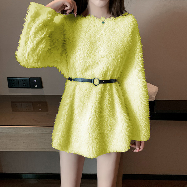 Γυναικείο χνουδωτό πουλόβερ και ζώνη με δαντέλα σε πράσινο, πορτοκαλί και λευκό  χρώμα- Λεπτό μοντέλο