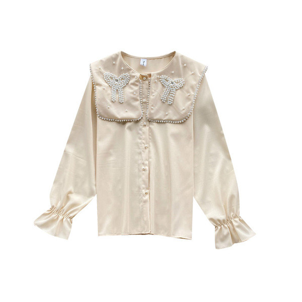 Μοντέρνο γυναικείο πουκάμισο με κουμπιά και πέρλες σε μπεζ, κόκκινο, πράσινο και λευκό χρώμα