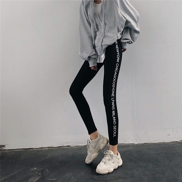 Jambiere de damă de zi cu zi în negru și gri cu inscripții și talie înaltă