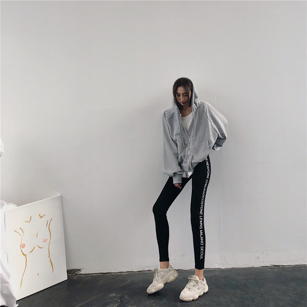 Jambiere de damă de zi cu zi în negru și gri cu inscripții și talie înaltă