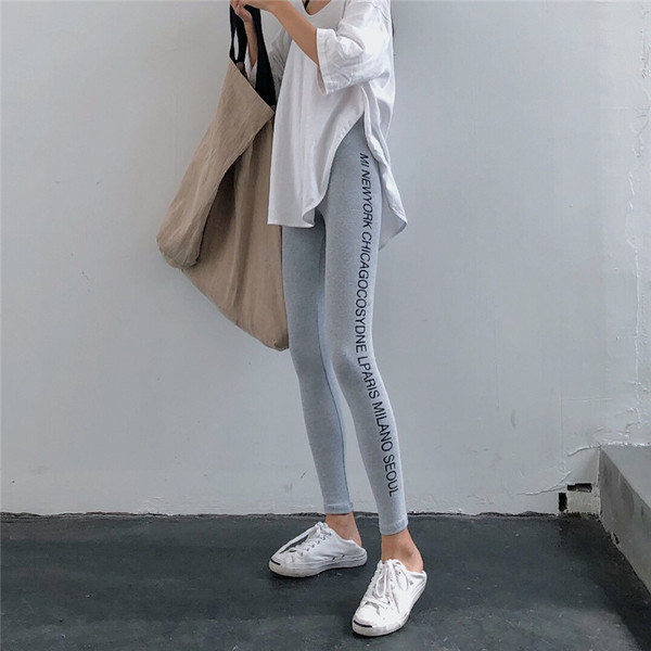 Jambiere de damă de zi cu zi în negru și gri cu inscripții și talie înaltă