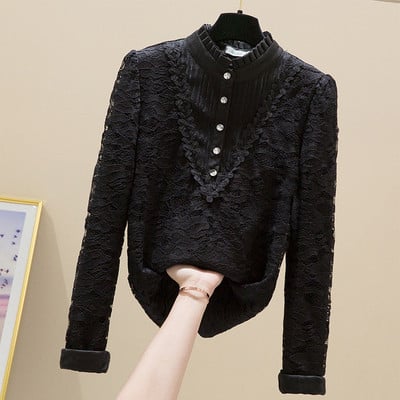 Γυναικείο δαντελένιο πουκάμισο με χαμηλό κολάρο και κουμπιά σε λευκό, μαύρο και γκρι χρώμα