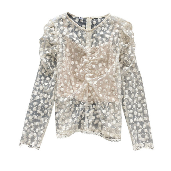 Μοντέρνα γυναικεία δαντελένια μπλούζα με φερμουάρ και οβάλ ντεκολτέ στο μπεζ και μαύρο χρώμα