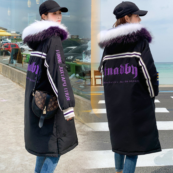 ÚJ modell női téli kabát kapucnival és mintával fehér, fekete, kék és lila színekben
