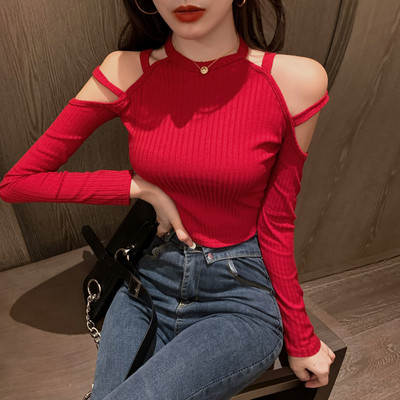 Γυναικεία μπλούζα σε τρία χρώματα με γυμνούς ώμους και μακριά μανίκια