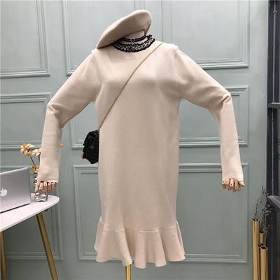 Γυναικείο πλεκτό φόρεμα λαιμόκοψη με μακρύ μανίκι σε κόκκινο, μαύρο, μπεζ και πράσινο χρώμα