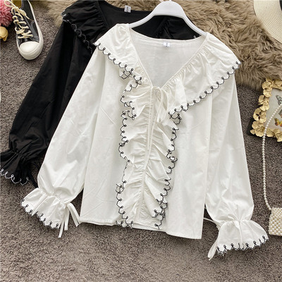 Μοντέρνο γυναικείο πουκάμισο με λαιμόκοψη καιβολάν  σε λευκό, μαύρο, καφέ και ροζ χρώμα