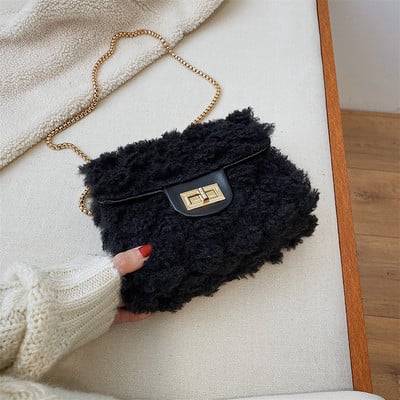 Geantă de pluș de damă cu închizătoare și lanț metalic