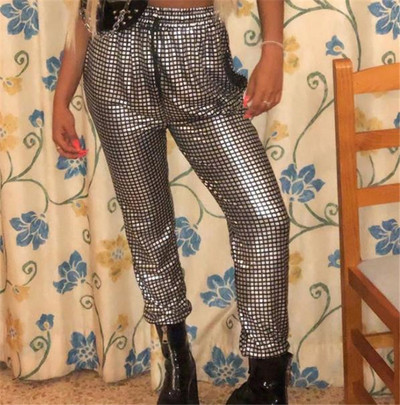 Модерен дамски панталон с връзки и висока талия в сребрист цвят