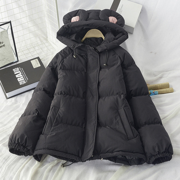 Γυναικείο χειμωνιάτικο μπουφάν με κουκούλα και στοιχείο 3D σε ροζ, πράσινο, μπλε και μπεζ χρώμα