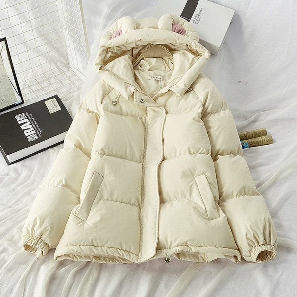 Γυναικείο χειμωνιάτικο μπουφάν με κουκούλα και στοιχείο 3D σε ροζ, πράσινο, μπλε και μπεζ χρώμα