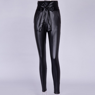 Női alkalmi nadrág magas derékkal és eko bőrből készült fűzős fekete és bézs színben