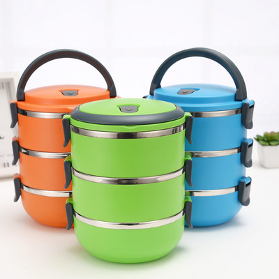 Трислойна кутия за храна от неръждаема стомана с дръжка лесно преносима в оранжев, зелен и син цвят