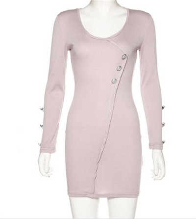 Μοντέρνο γυναικείο φόρεμα  με στρογγυλή λαιμόκοψη και κουμπιά σε ροζ και μαύρο χρώμα