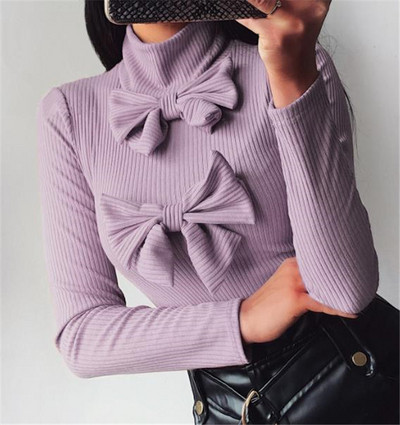 Μοντέρνα γυναικεία μπλούζα με μεγάλο κολάρο και κορδέλα σε μωβ, μπεζ και λευκό χρώμα