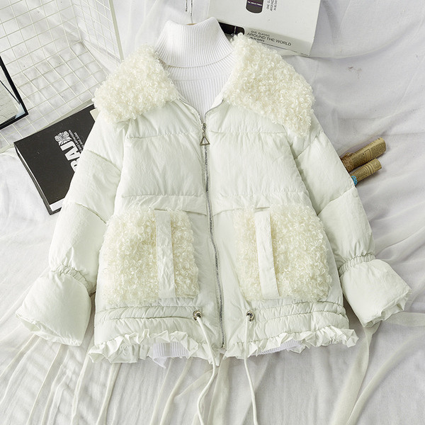 Νέο μοντέλο γυναικείο μπουφάν με  κολάρο και κορδόνια και χνουδωτό γιακά σε μπλε, άσπρο, μαύρο και καφέ χρώμα