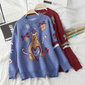 Női karácsonyi pulóver medvével, kerek nyakkivágással, kék és bordó színben